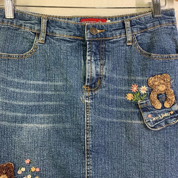 COCO-5 Vintage Embroidered Novelty‎ Teddy Bear Flowers Western Denim Midi Skirt - Picture 3 of 14